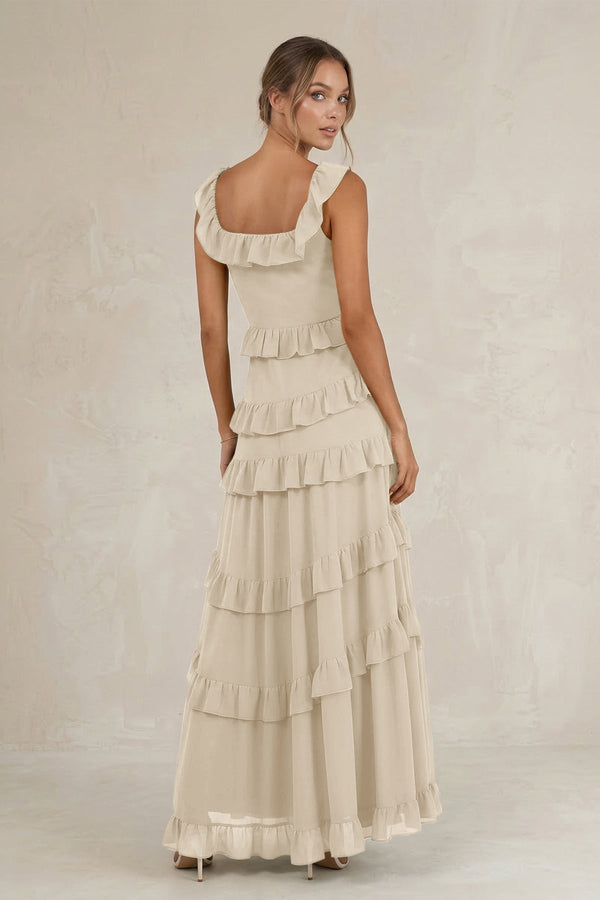 Tiered Square Neck Ruffled A - Line Bridesmaid Dress in Champagne - SHE IS ME Bridesmaid Dresses