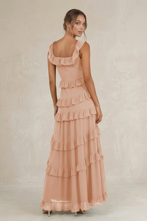 Tiered Square Neck Ruffled A - Line Bridesmaid Dress in Champagne Rose - SHE IS ME Bridesmaid Dresses