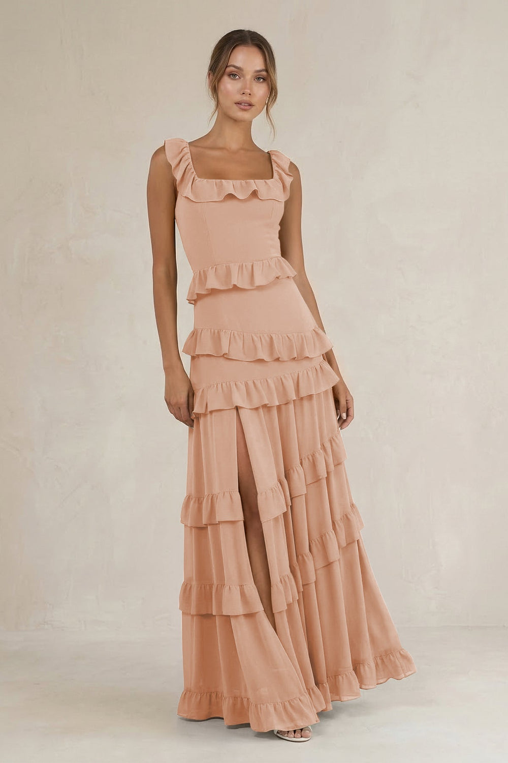 Tiered Square Neck Ruffled A - Line Bridesmaid Dress in Champagne Rose - KISS BRIDAL Bridesmaid Dresses