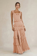 Tiered Square Neck Ruffled A - Line Bridesmaid Dress in Champagne Rose - SHE IS ME Bridesmaid Dresses