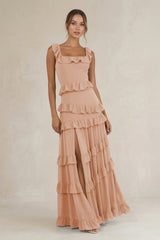 Tiered Square Neck Ruffled A - Line Bridesmaid Dress in Champagne Rose - KISS BRIDAL Bridesmaid Dresses