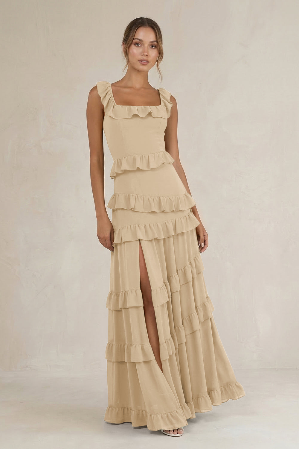 Tiered Square Neck Ruffled A-Line Bridesmaid Dress in Champagne