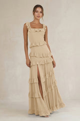 Tiered Square Neck Ruffled A-Line Bridesmaid Dress in Champagne | KISSBRIDAL