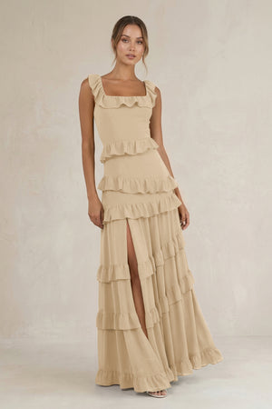 Tiered Square Neck Ruffled A-Line Bridesmaid Dress in Champagne | KISSBRIDAL