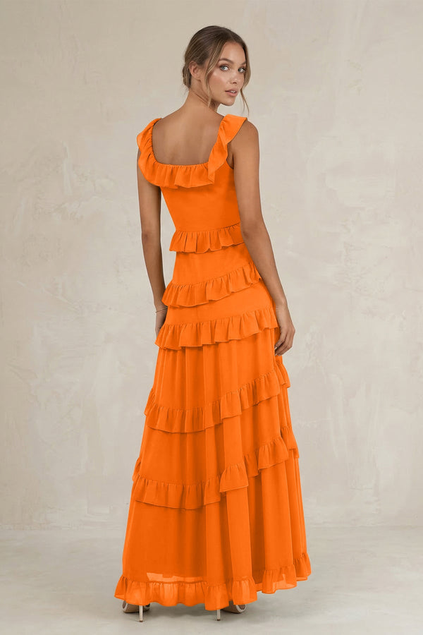 Tiered Square Neck Ruffled A - Line Bridesmaid Dress in Cinnamon - SHE IS ME Bridesmaid Dresses