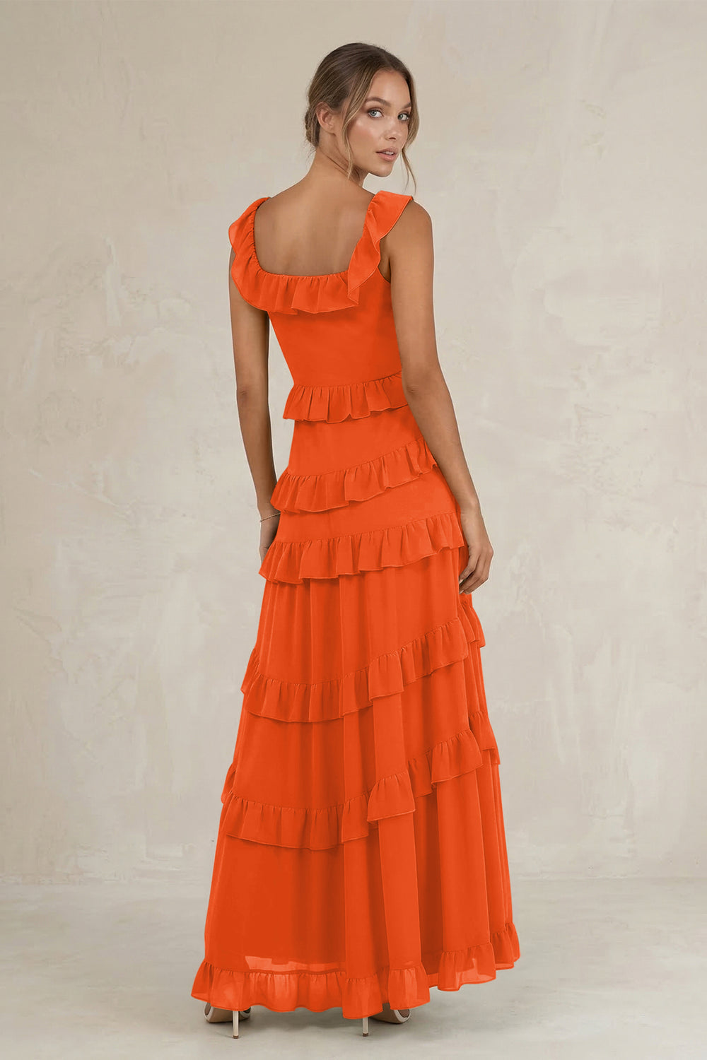 Tiered Square Neck Ruffled A-Line Bridesmaid Dress in Cinnamon