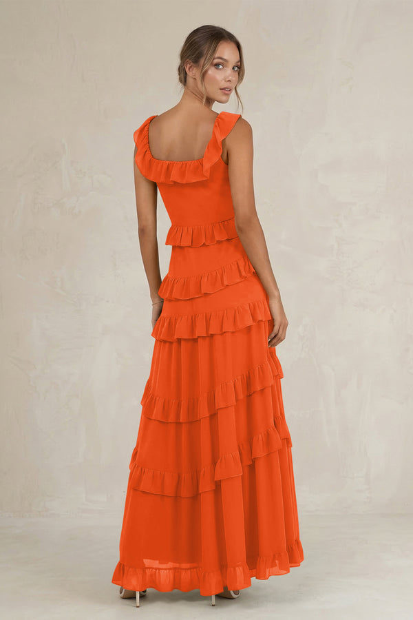 Tiered Square Neck Ruffled A-Line Bridesmaid Dress in Cinnamon (2) | KISSBRIDAL