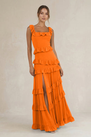 Tiered Square Neck Ruffled A - Line Bridesmaid Dress in Cinnamon - SHE IS ME Bridesmaid Dresses