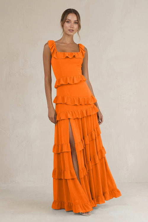 Tiered Square Neck Ruffled A - Line Bridesmaid Dress in Cinnamon - SHE IS ME Bridesmaid Dresses