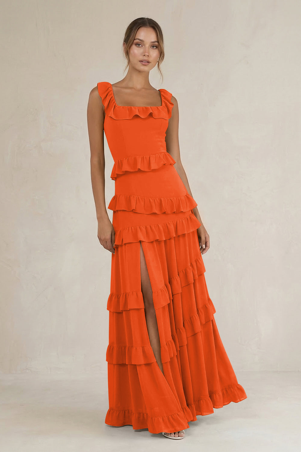 Tiered Square Neck Ruffled A-Line Bridesmaid Dress in Cinnamon