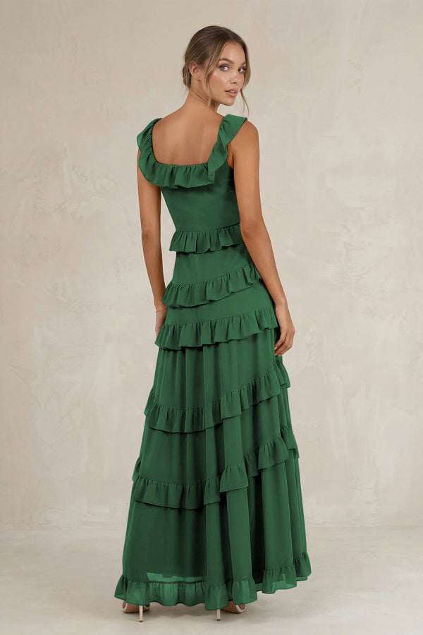Tiered Square Neck Ruffled A - Line Bridesmaid Dress in Dark Green - SHE IS ME Bridesmaid Dresses