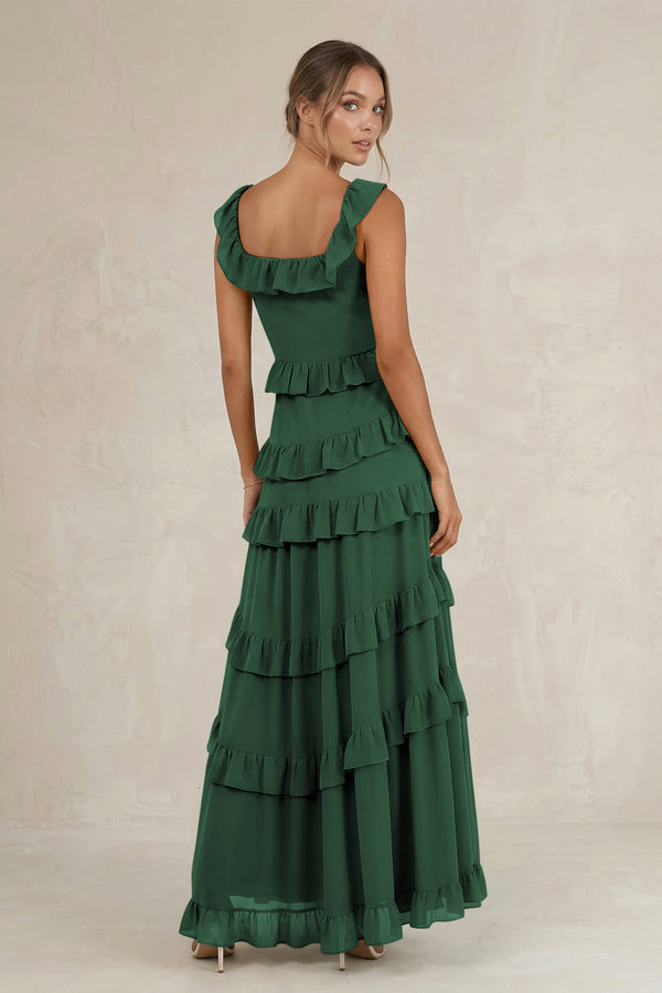 Tiered Square Neck Ruffled A-Line Bridesmaid Dress in Dark Green (2) | KISSBRIDAL
