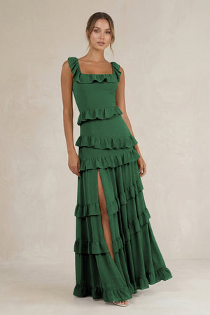 Tiered Square Neck Ruffled A - Line Bridesmaid Dress in Dark Green - SHE IS ME Bridesmaid Dresses
