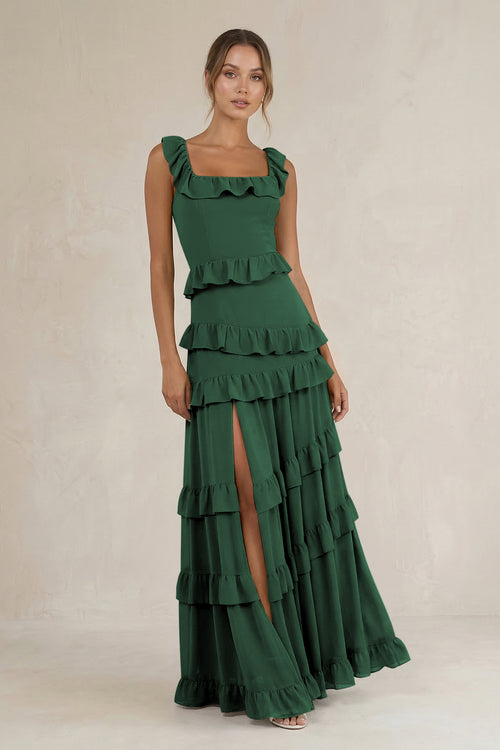 Tiered Square Neck Ruffled A-Line Bridesmaid Dress in Dark Green | KISSBRIDAL
