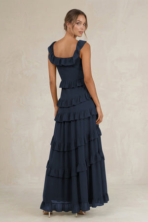Tiered Square Neck Ruffled A - Line Bridesmaid Dress in Dark Navy - SHE IS ME Bridesmaid Dresses