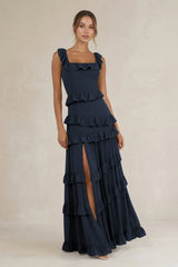 Tiered Square Neck Ruffled A - Line Bridesmaid Dress in Dark Navy - KISS BRIDAL Bridesmaid Dresses