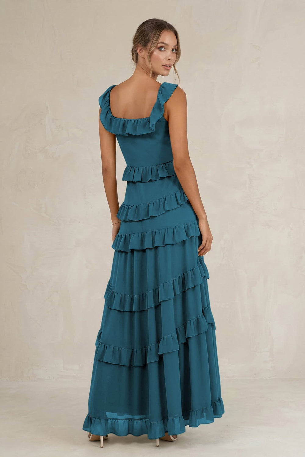 Tiered Square Neck Ruffled A - Line Bridesmaid Dress in Dark Teal - KISS BRIDAL Bridesmaid Dresses