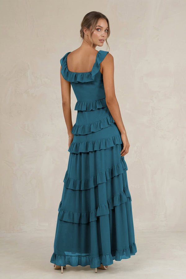 Tiered Square Neck Ruffled A - Line Bridesmaid Dress in Dark Teal - SHE IS ME Bridesmaid Dresses