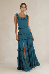 Tiered Square Neck Ruffled A - Line Bridesmaid Dress in Dark Teal - KISS BRIDAL Bridesmaid Dresses