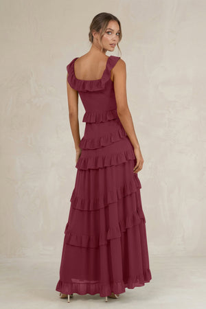 Tiered Square Neck Ruffled A-Line Bridesmaid Dress in Desert Rose (2) | KISSBRIDAL