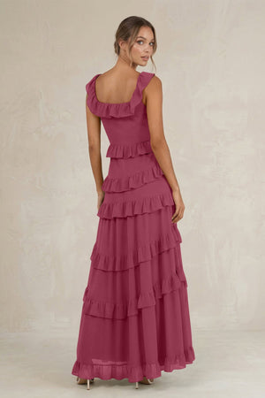 Tiered Square Neck Ruffled A - Line Bridesmaid Dress in Desert Rose - SHE IS ME Bridesmaid Dresses