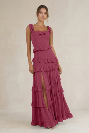 Tiered Square Neck Ruffled A - Line Bridesmaid Dress in Desert Rose - SHE IS ME Bridesmaid Dresses