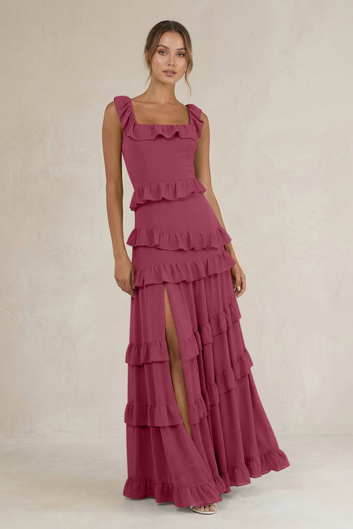 Tiered Square Neck Ruffled A - Line Bridesmaid Dress in Desert Rose - SHE IS ME Bridesmaid Dresses