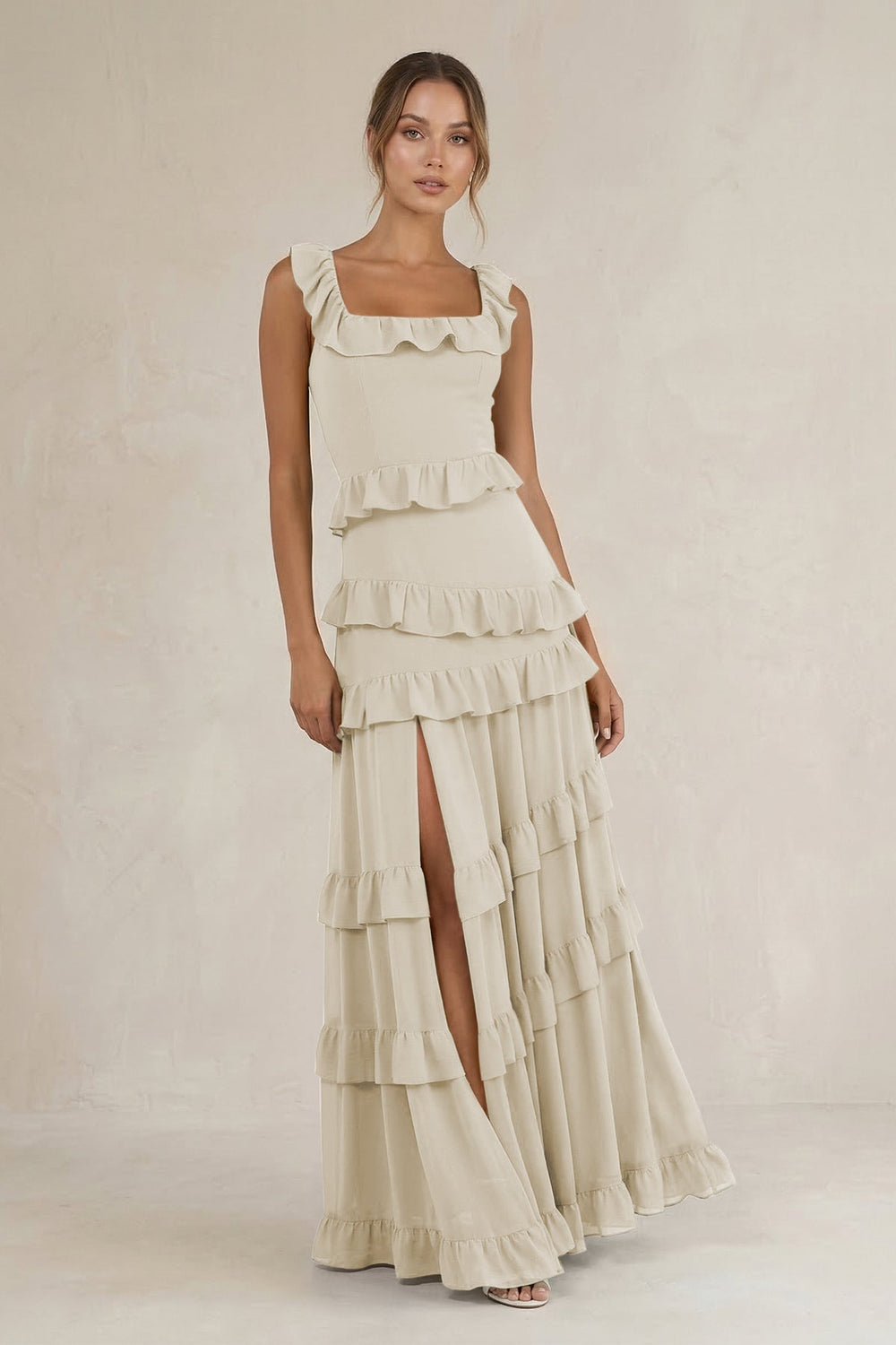 Tiered Square Neck Ruffled A - Line Bridesmaid Dress in Dove Gray - KISS BRIDAL Bridesmaid Dresses