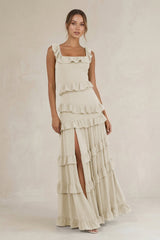 Tiered Square Neck Ruffled A - Line Bridesmaid Dress in Dove Gray - KISS BRIDAL Bridesmaid Dresses