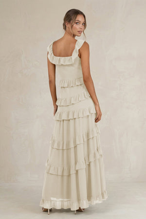 Tiered Square Neck Ruffled A - Line Bridesmaid Dress in Dove Gray - SHE IS ME Bridesmaid Dresses