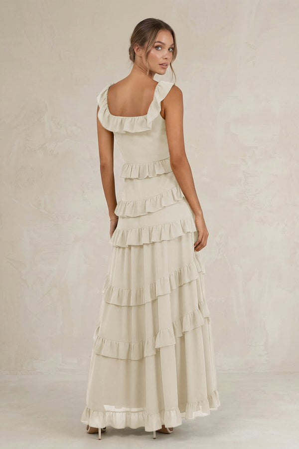 Tiered Square Neck Ruffled A - Line Bridesmaid Dress in Dove Gray - SHE IS ME Bridesmaid Dresses