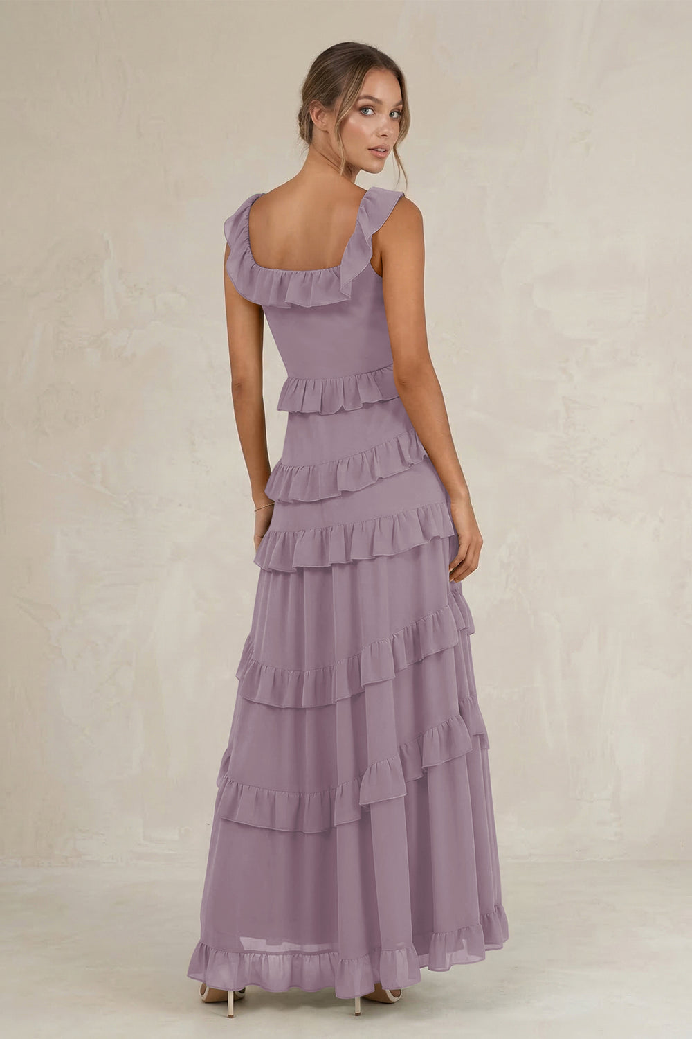 Tiered Square Neck Ruffled A-Line Bridesmaid Dress in Dusk