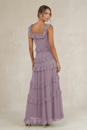 Tiered Square Neck Ruffled A-Line Bridesmaid Dress in Dusk (2) | KISSBRIDAL