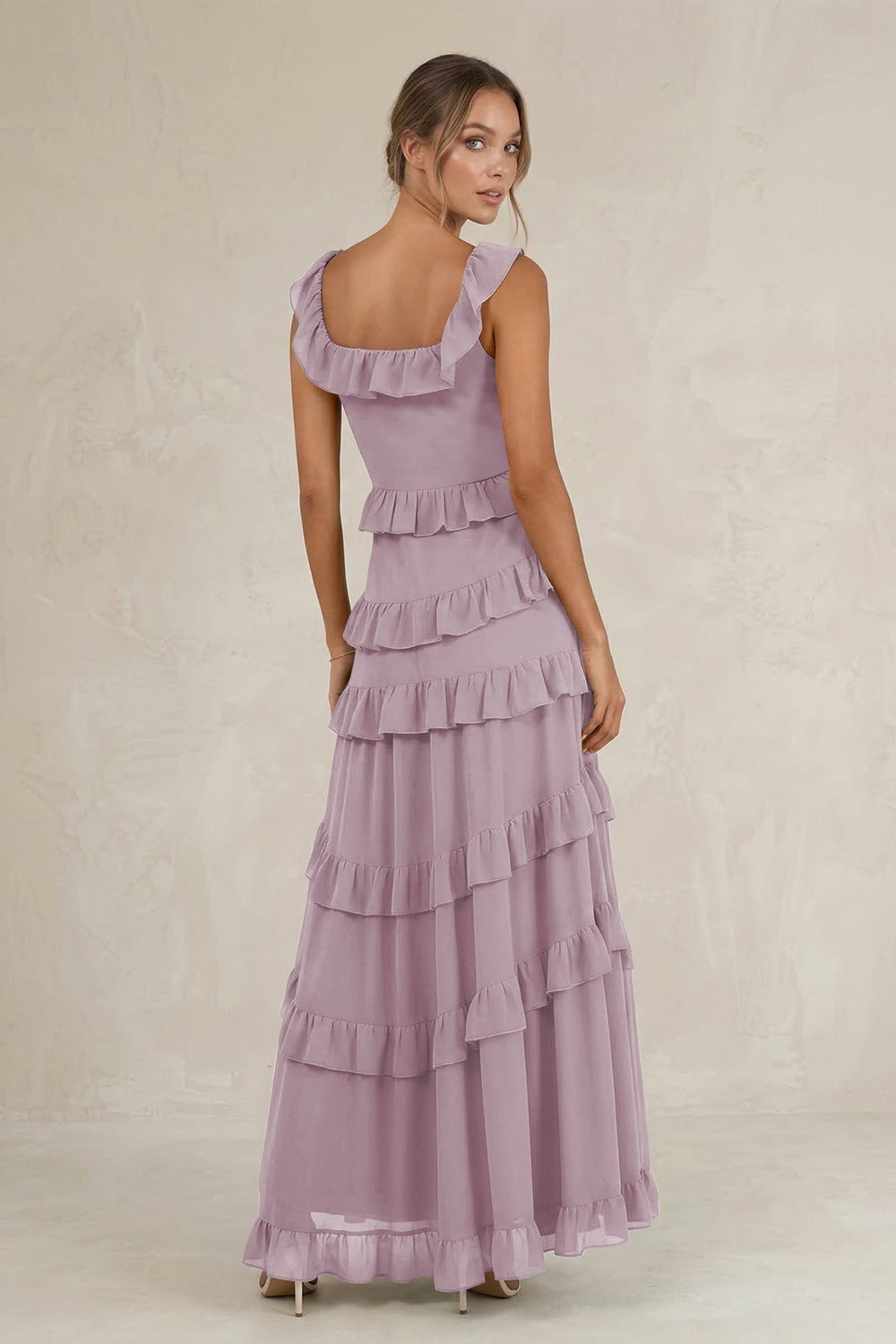 Tiered Square Neck Ruffled A - Line Bridesmaid Dress in Dusk - KISS BRIDAL Bridesmaid Dresses
