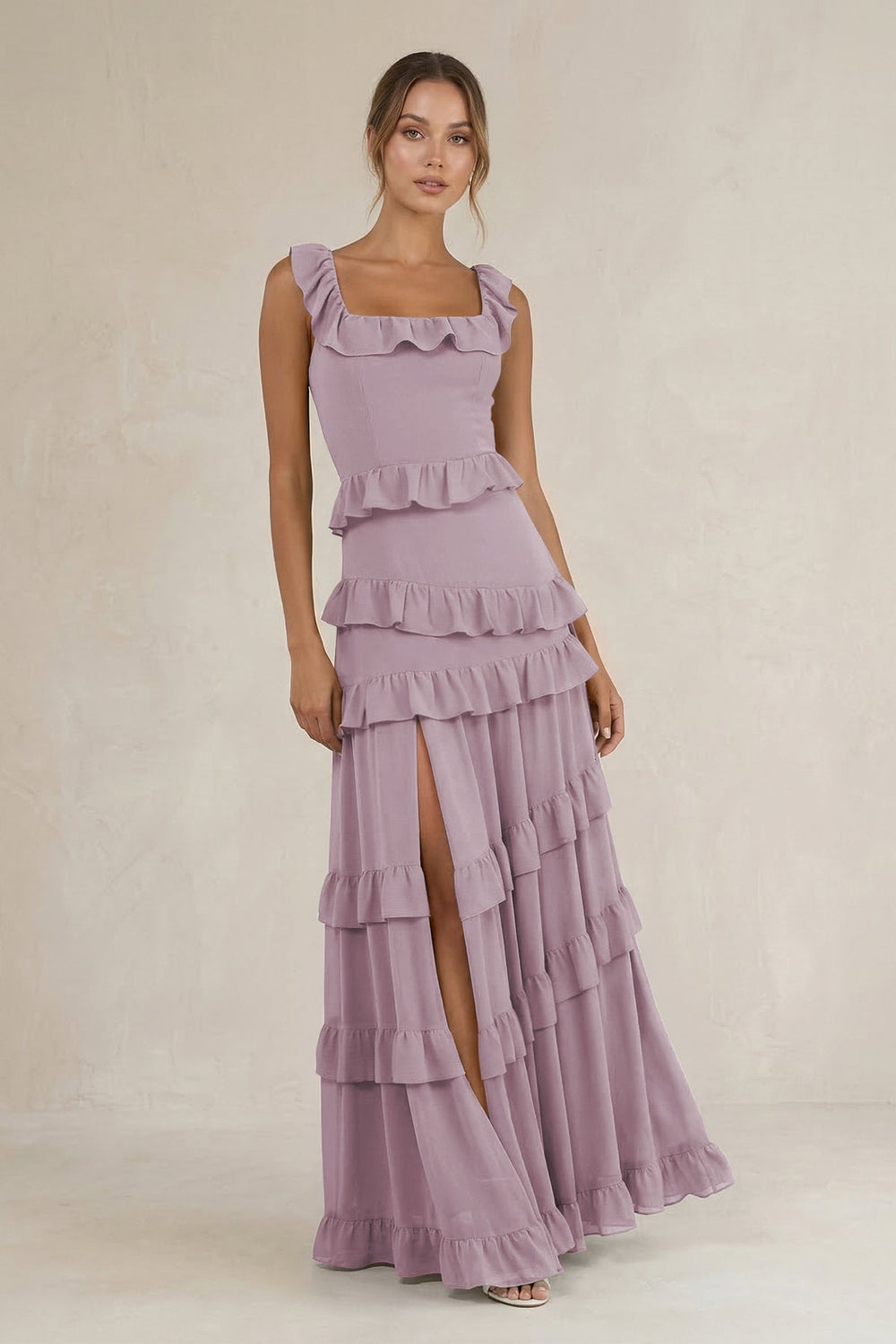 Tiered Square Neck Ruffled A - Line Bridesmaid Dress in Dusk - KISS BRIDAL Bridesmaid Dresses