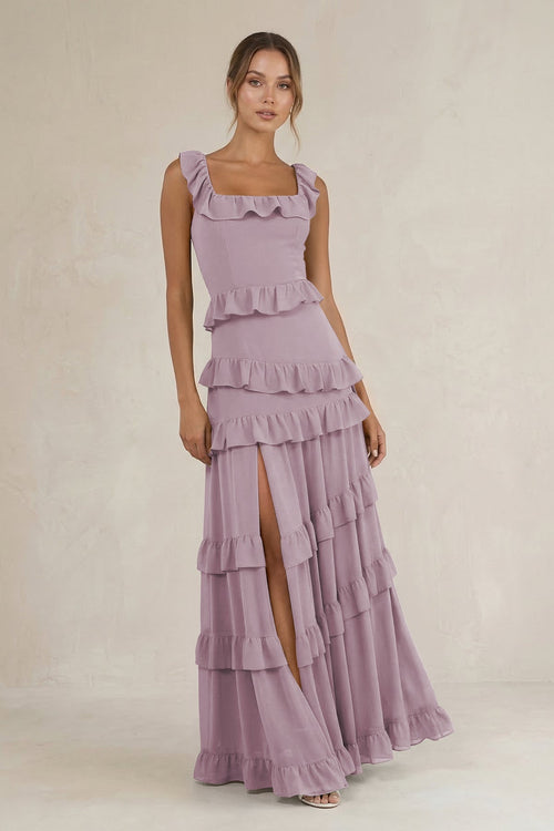 Tiered Square Neck Ruffled A - Line Bridesmaid Dress in Dusk - SHE IS ME Bridesmaid Dresses