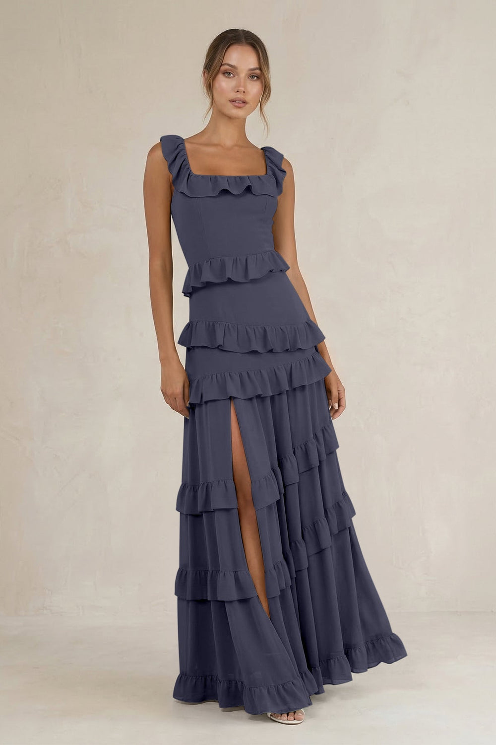 Tiered Square Neck Ruffled A - Line Bridesmaid Dress in Dusk Blue - KISS BRIDAL Bridesmaid Dresses