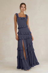 Tiered Square Neck Ruffled A - Line Bridesmaid Dress in Dusk Blue - KISS BRIDAL Bridesmaid Dresses