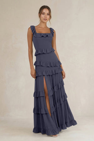 Tiered Square Neck Ruffled A - Line Bridesmaid Dress in Dusk Blue - SHE IS ME Bridesmaid Dresses