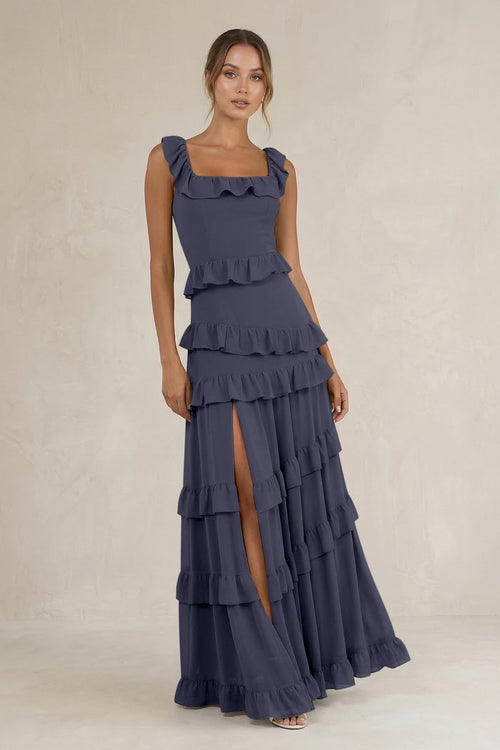 Tiered Square Neck Ruffled A - Line Bridesmaid Dress in Dusk Blue - SHE IS ME Bridesmaid Dresses