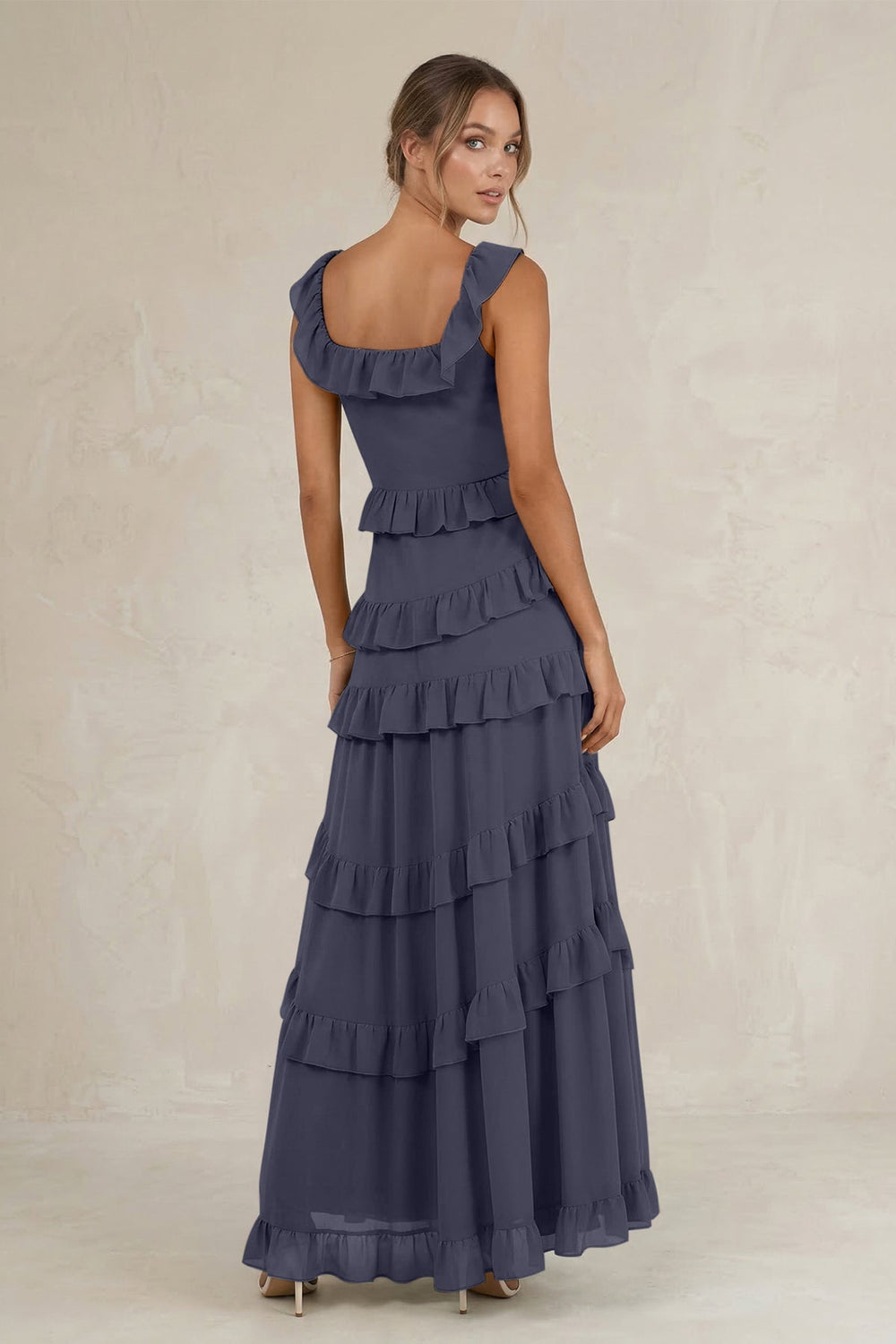 Tiered Square Neck Ruffled A - Line Bridesmaid Dress in Dusk Blue - KISS BRIDAL Bridesmaid Dresses