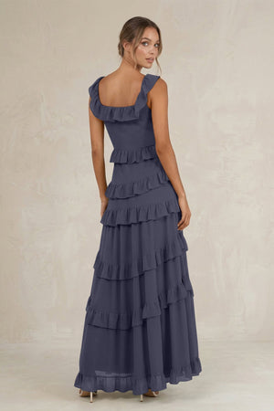 Tiered Square Neck Ruffled A - Line Bridesmaid Dress in Dusk Blue - SHE IS ME Bridesmaid Dresses