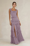 Tiered Square Neck Ruffled A-Line Bridesmaid Dress in Dusk | KISSBRIDAL