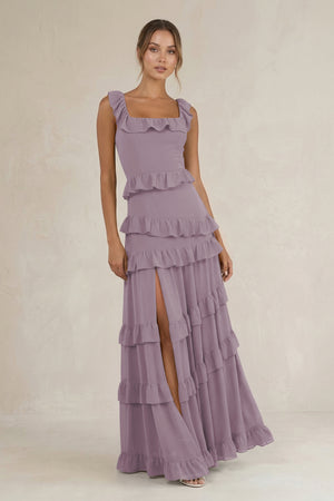 Tiered Square Neck Ruffled A-Line Bridesmaid Dress in Dusk | KISSBRIDAL