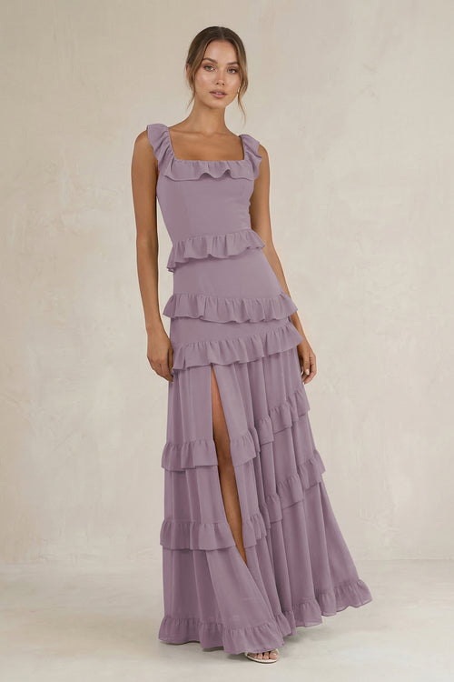 Tiered Square Neck Ruffled A-Line Bridesmaid Dress in Dusk | KISSBRIDAL