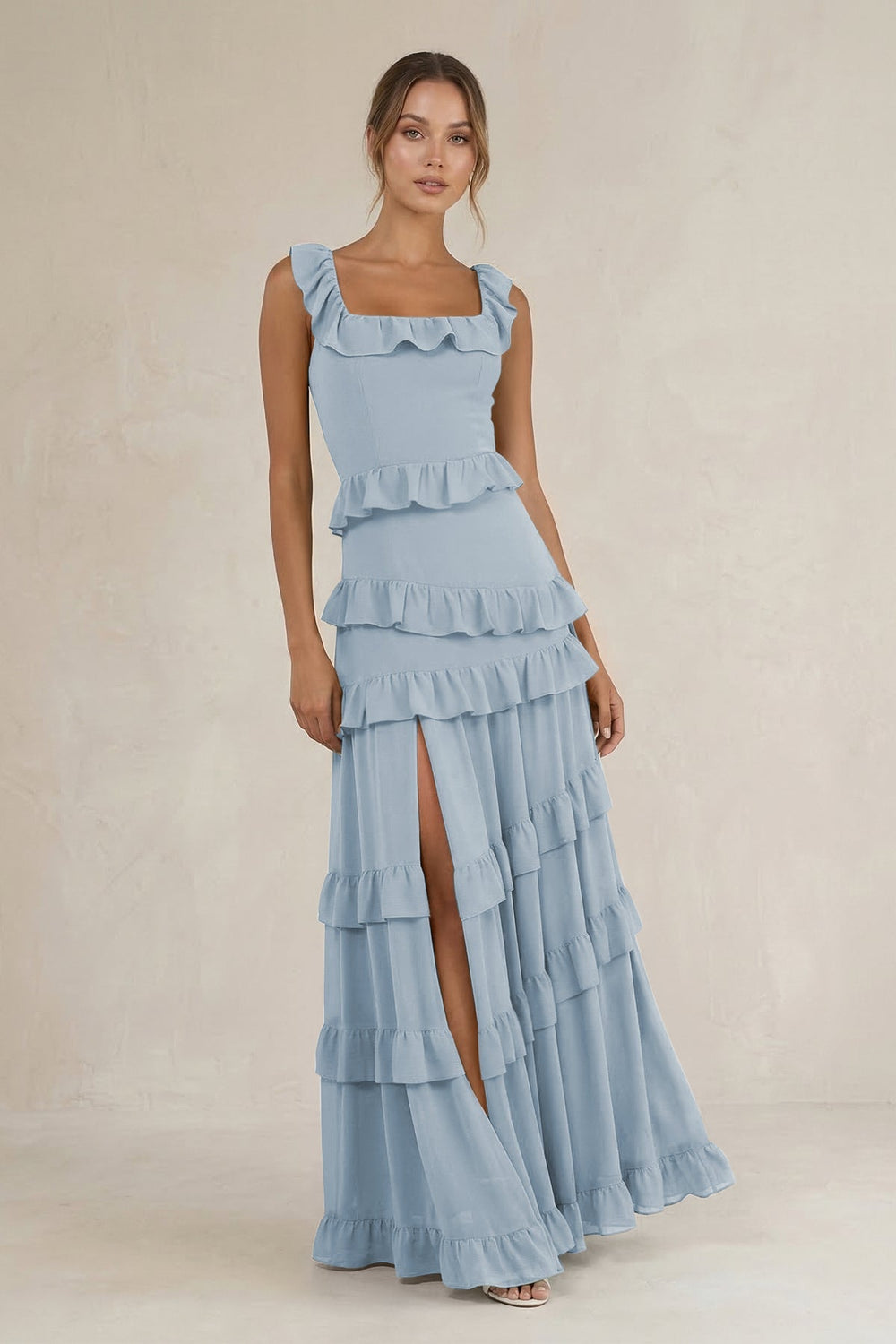 Tiered Square Neck Ruffled A - Line Bridesmaid Dress in Dusty Blue - KISS BRIDAL Bridesmaid Dresses