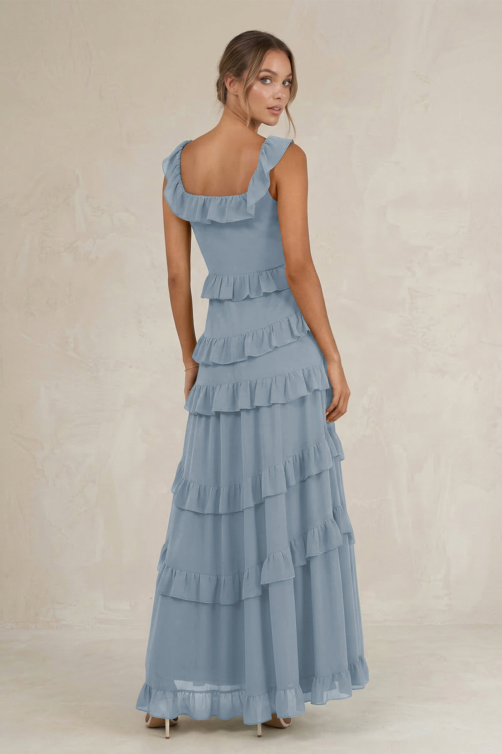 Tiered Square Neck Ruffled A-Line Bridesmaid Dress in Dusty Blue