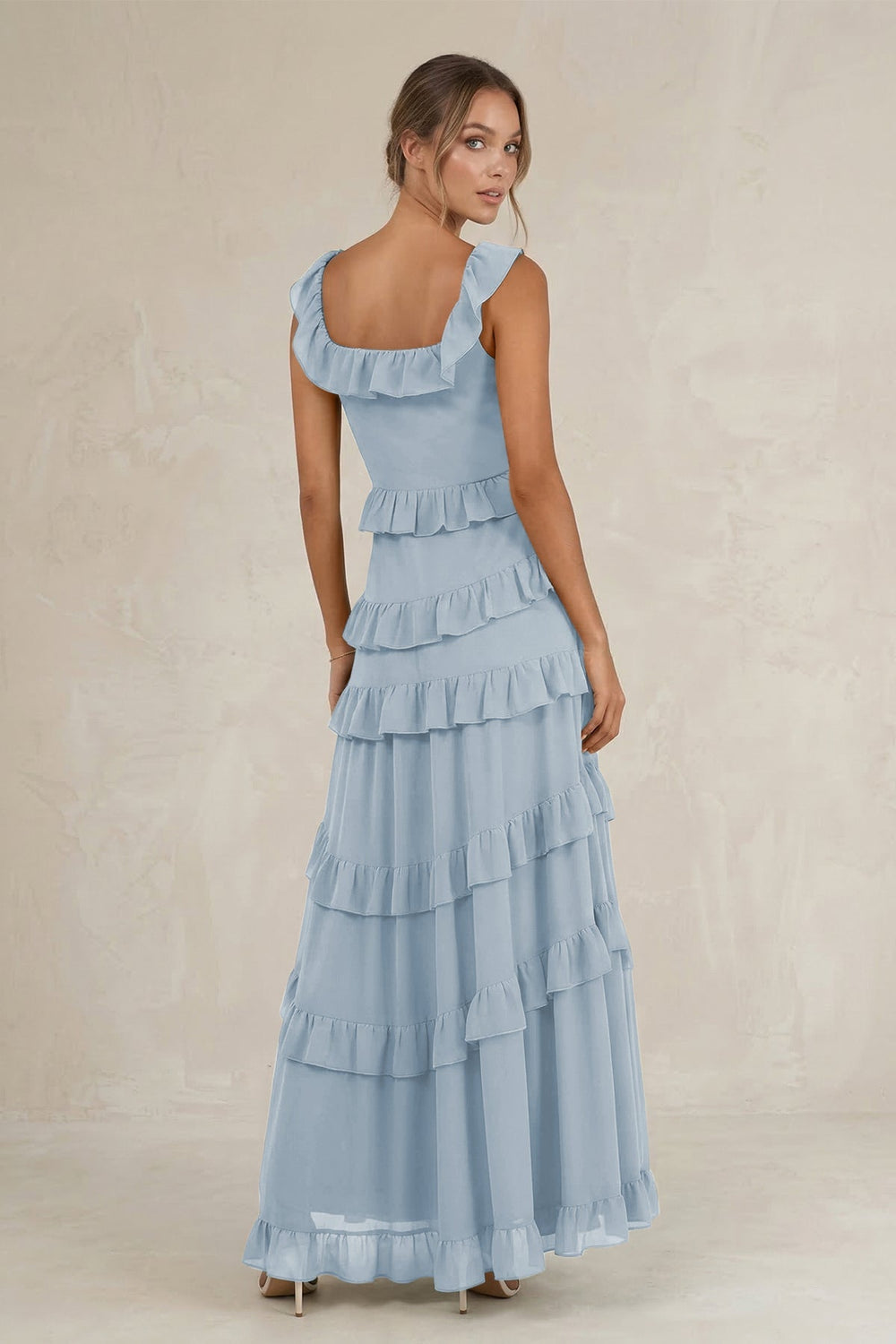 Tiered Square Neck Ruffled A - Line Bridesmaid Dress in Dusty Blue - KISS BRIDAL Bridesmaid Dresses