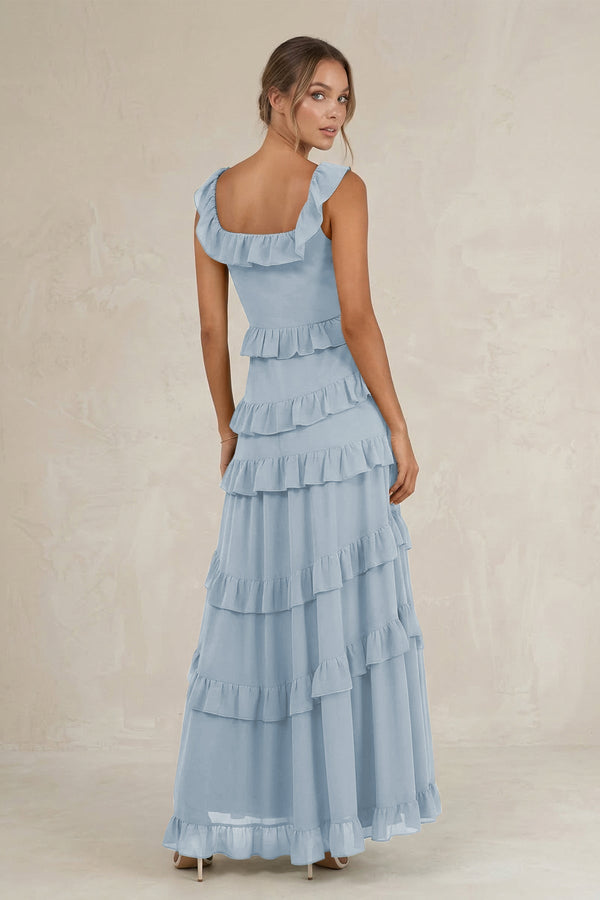 Tiered Square Neck Ruffled A - Line Bridesmaid Dress in Dusty Blue - SHE IS ME Bridesmaid Dresses