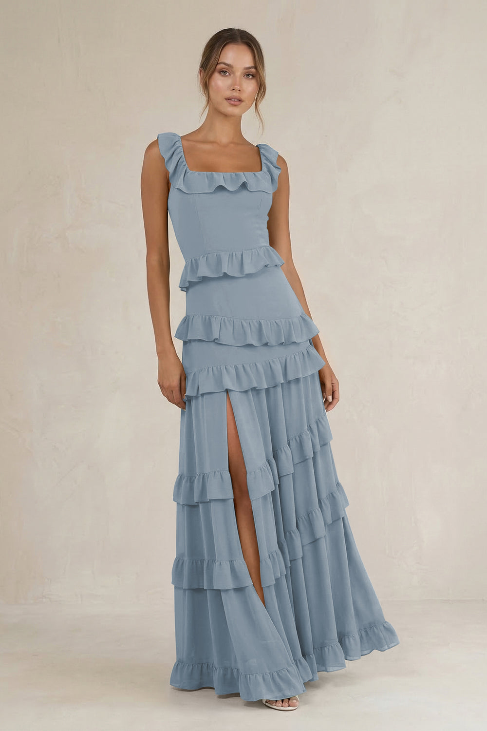 Tiered Square Neck Ruffled A-Line Bridesmaid Dress in Dusty Blue